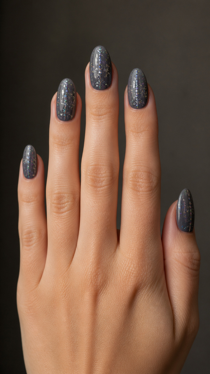 Charcoal Gray Nails with Iridescent Snowflake Trails