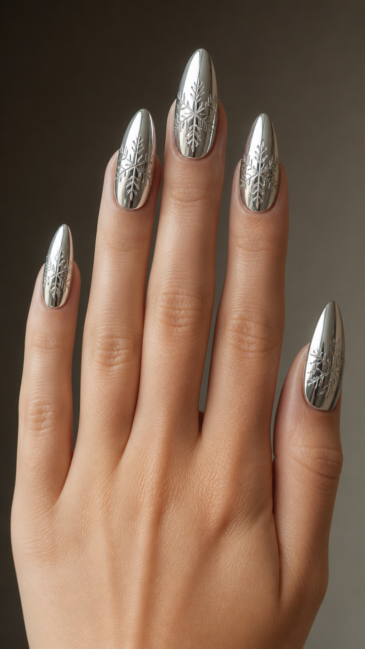 Silver Mirror Nails with Etched Snowflake Patterns
