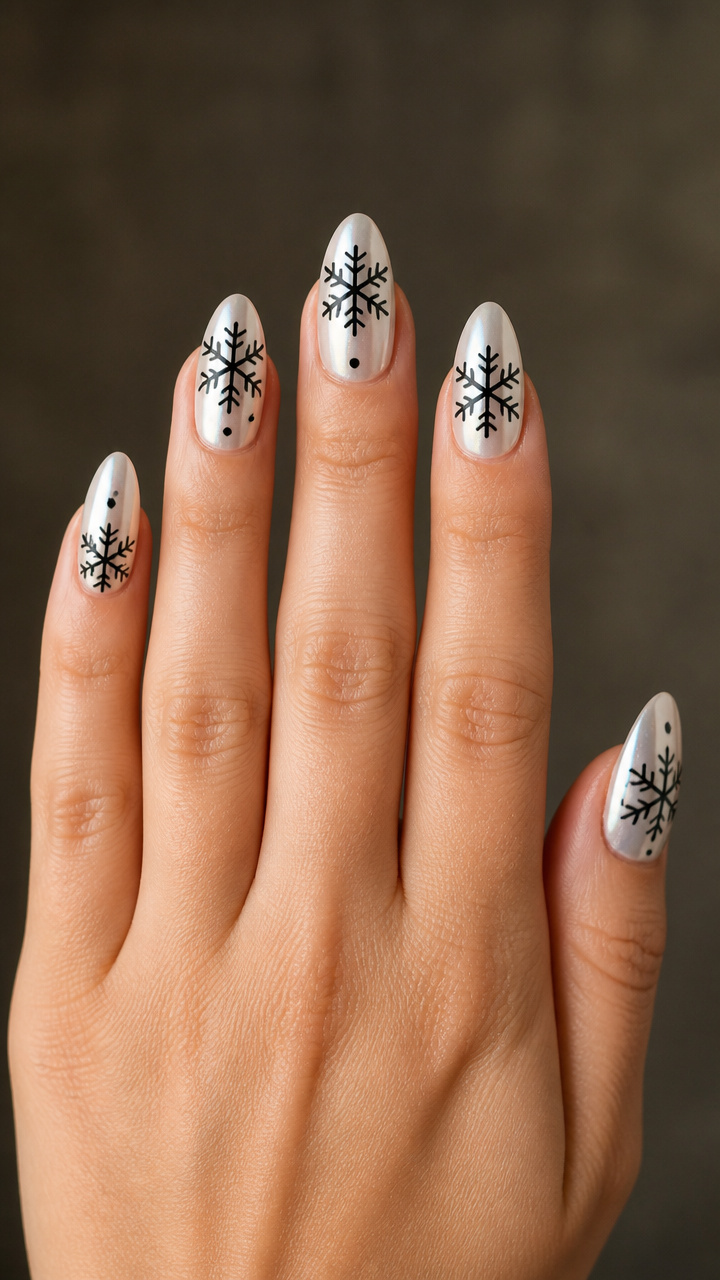 White Chrome Almond Nails with Black Liner Snowflakes