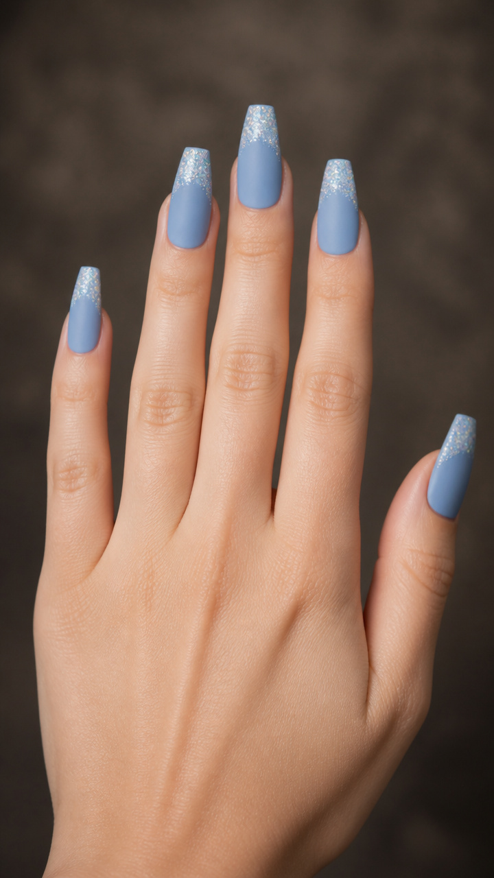 Matte Powder Blue Coffin Nails with Glitter Snowcaps