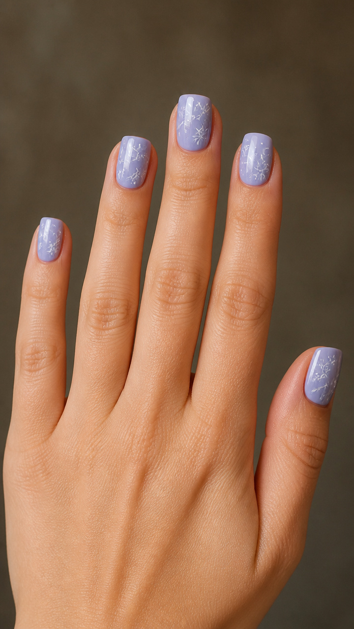 Pale Lavender Short Square Nails with Hand-Drawn Flakes