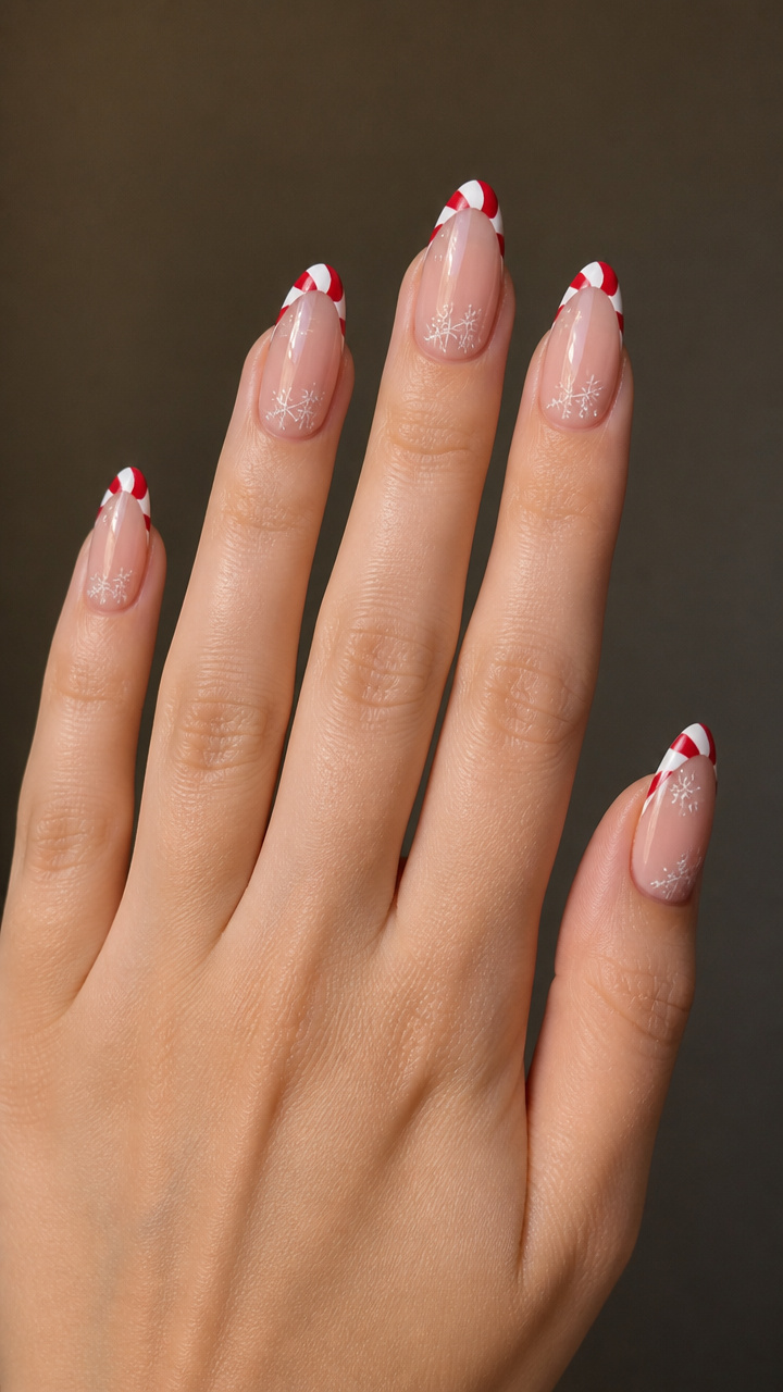Red and White French Tips with Mini Snowflakes