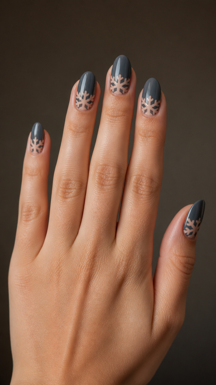 Charcoal Gray Nails with Negative Space Snowflakes