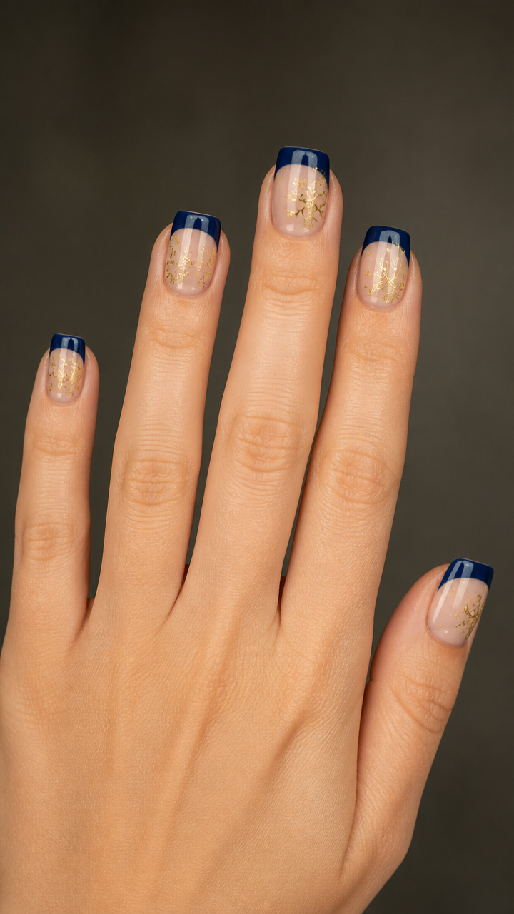 Navy French Tips with Gold Snowflake Details