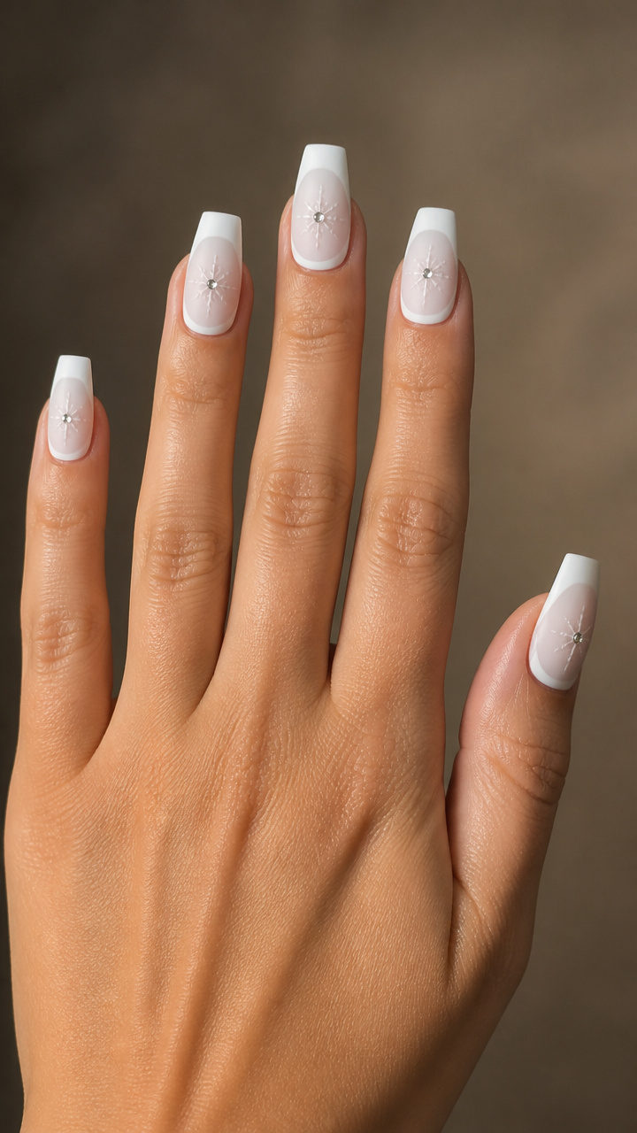 White Coffin Tips with Rhinestone Centers