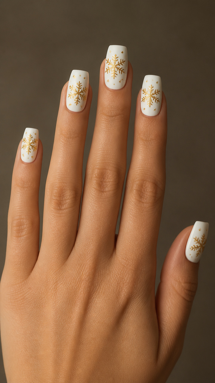 Matte White Base with Metallic Gold Snowflakes