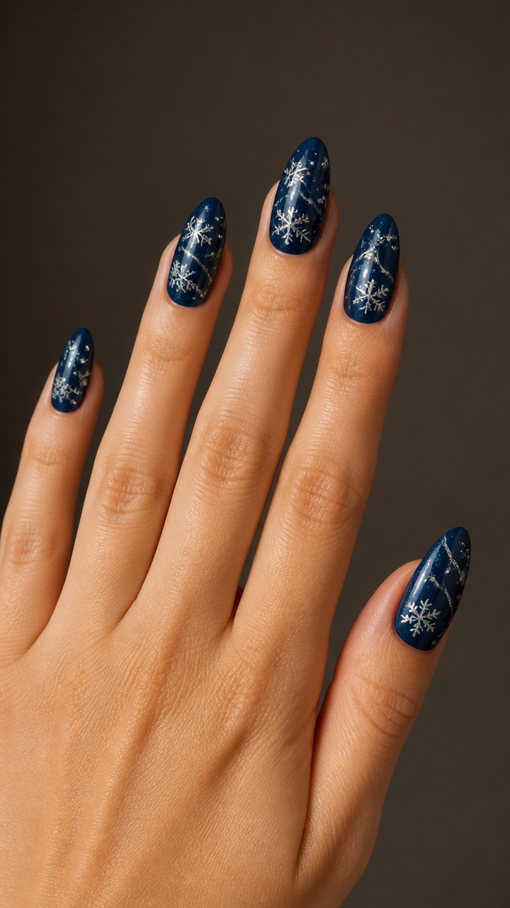 Deep Navy Base with Silver Holographic Snowflakes
