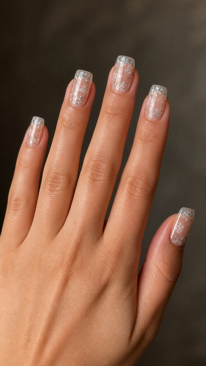 Clear Jelly Nails with Floating Snowflake Confetti