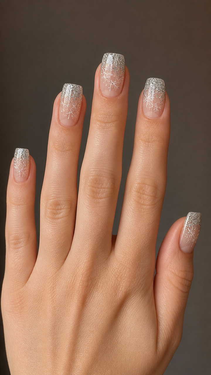Glitter Gradient Tips with Negative Space Snowflakes