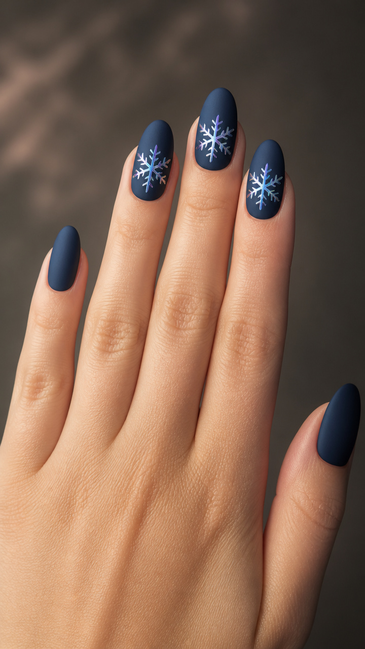 Matte Navy Base with Iridescent Chrome Snowflake Accents