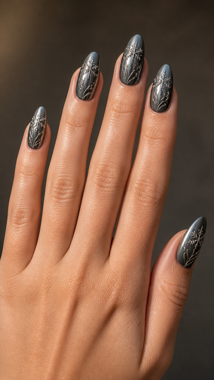 Charcoal Gray Chrome With Hand-Painted Snowflake Vines