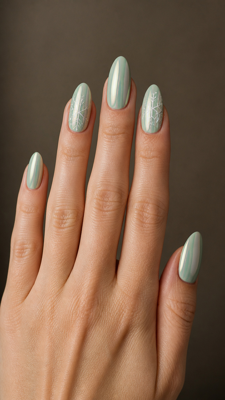 Pastel Mint Chrome With Minimalist Line Art Snowflakes