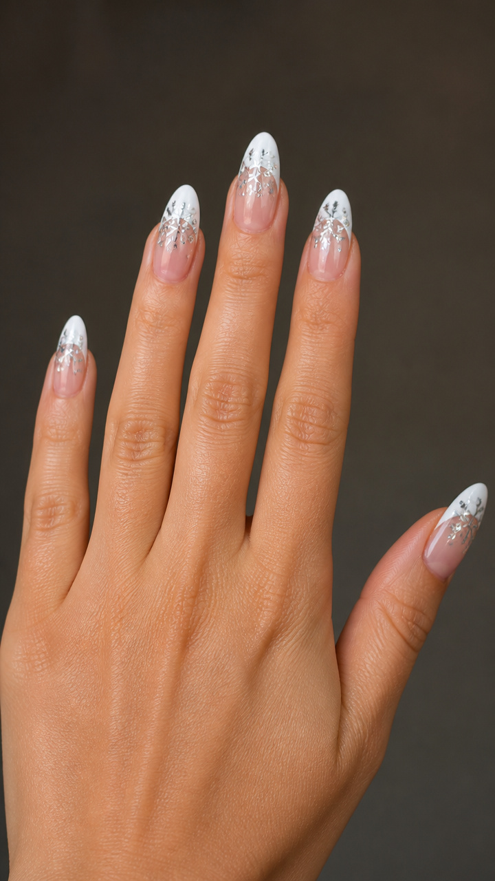 Glossy White Tips with Chrome Snowflake Inlays