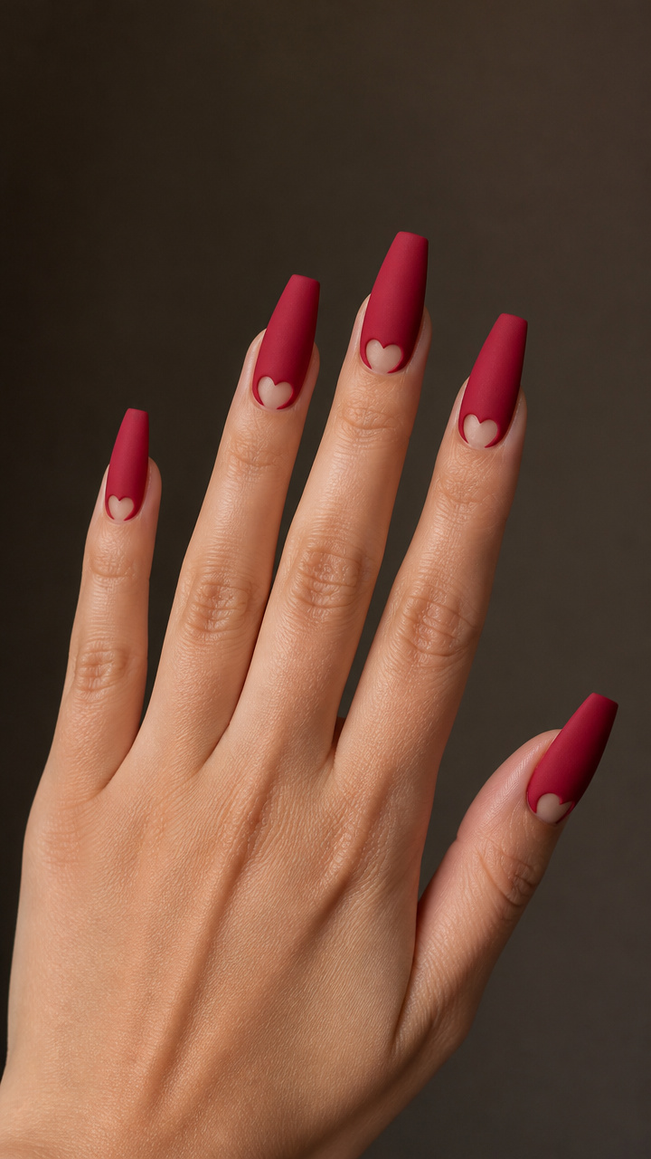 Crimson Matte Coffin Nails with Heart Cutouts