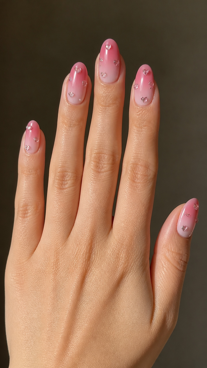 Milky Pink Ombré with Tiny Rhinestone Hearts