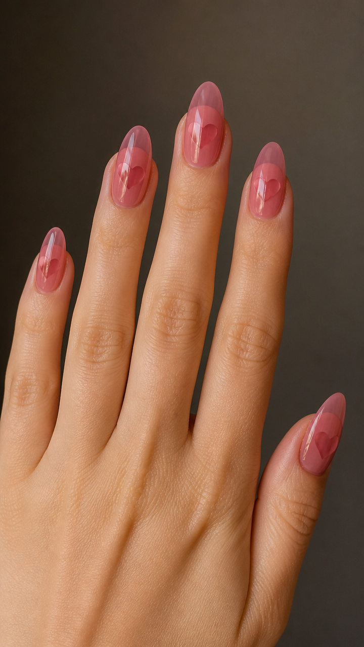 Dusty Rose Jelly Nails with Floating Heart Illusion