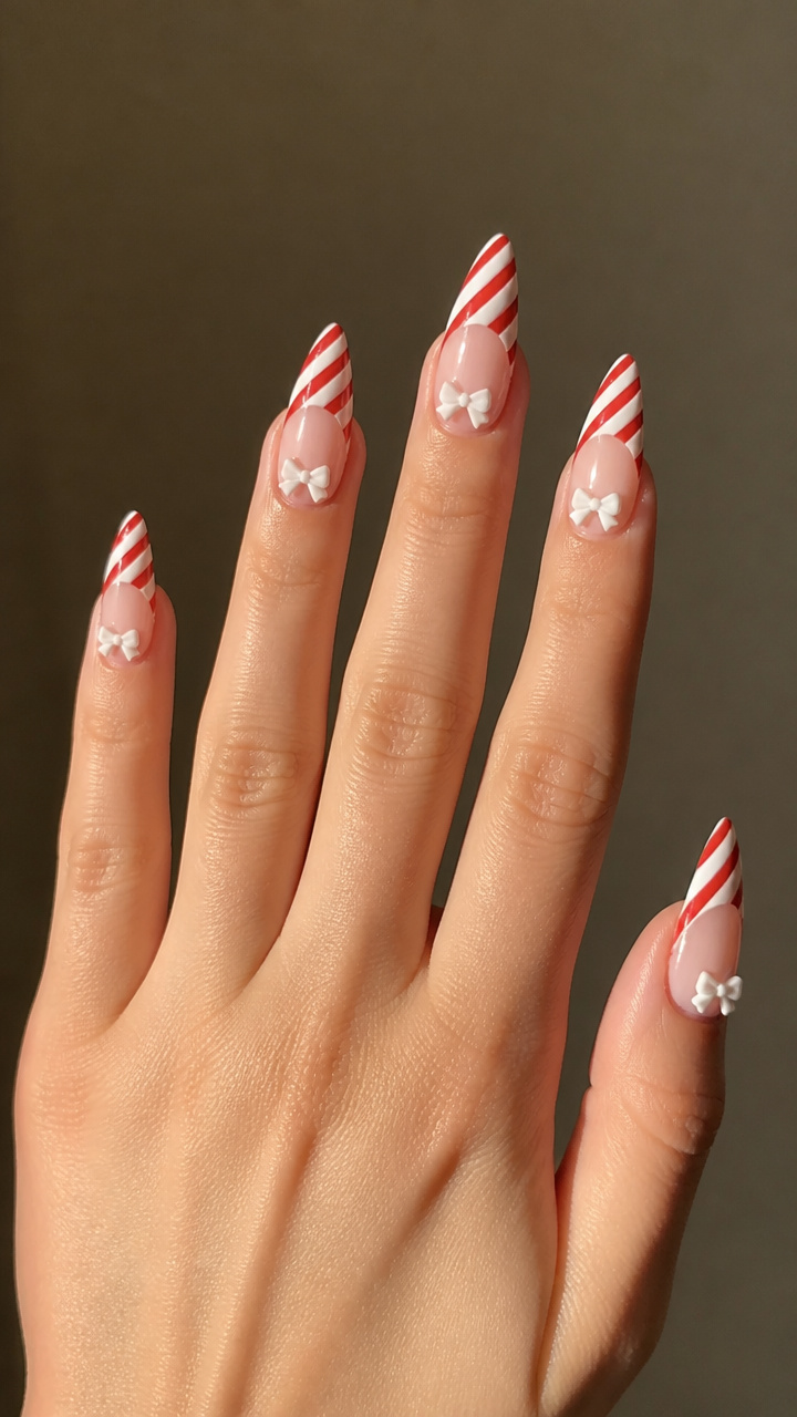 Red and White Striped Tips with Mini Bows