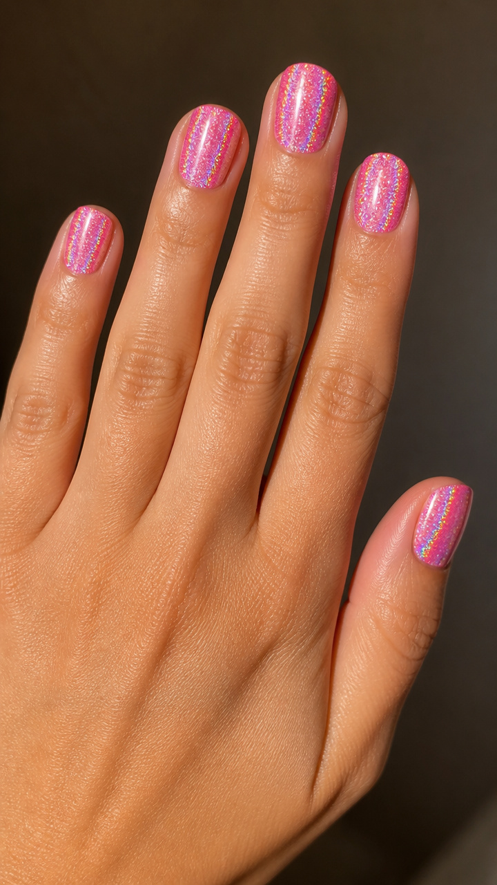Holographic Pink Glitter Dip Nails