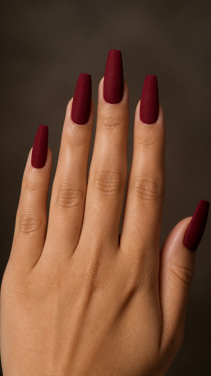 Crimson Velvet Coffin Nails with Matte Topcoat