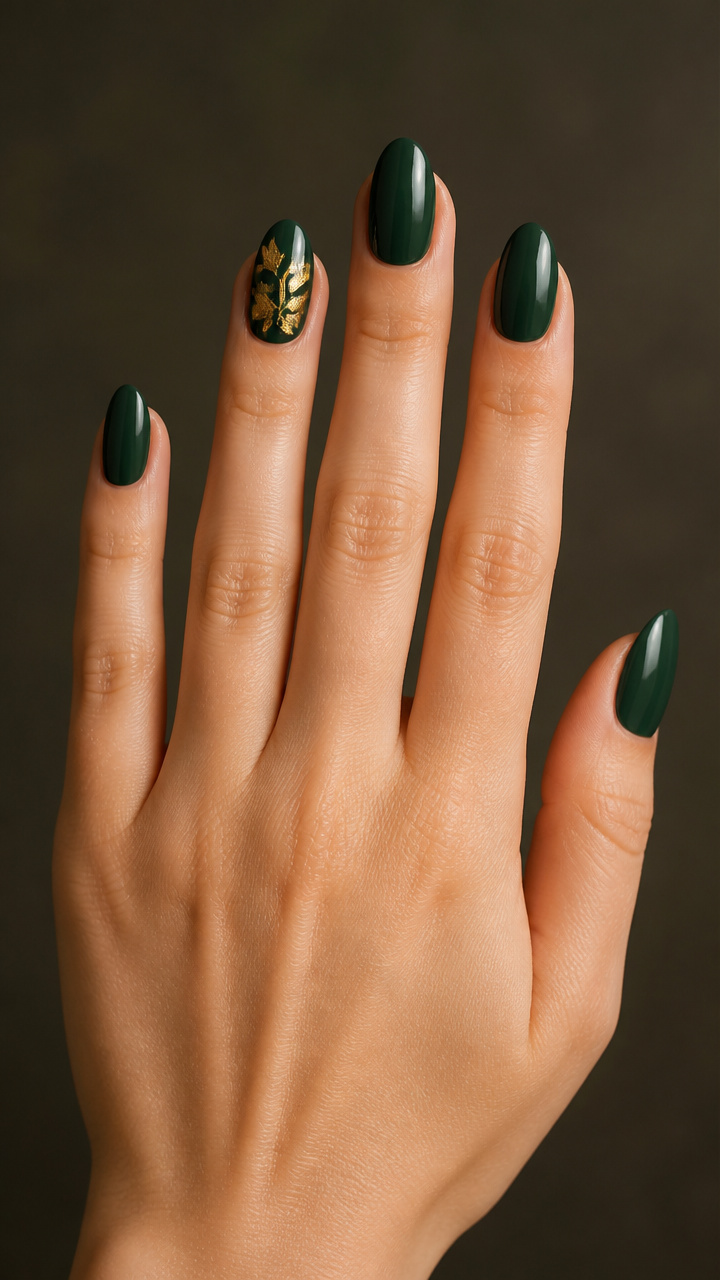 Forest Green and Gold Leaf Accent Nails