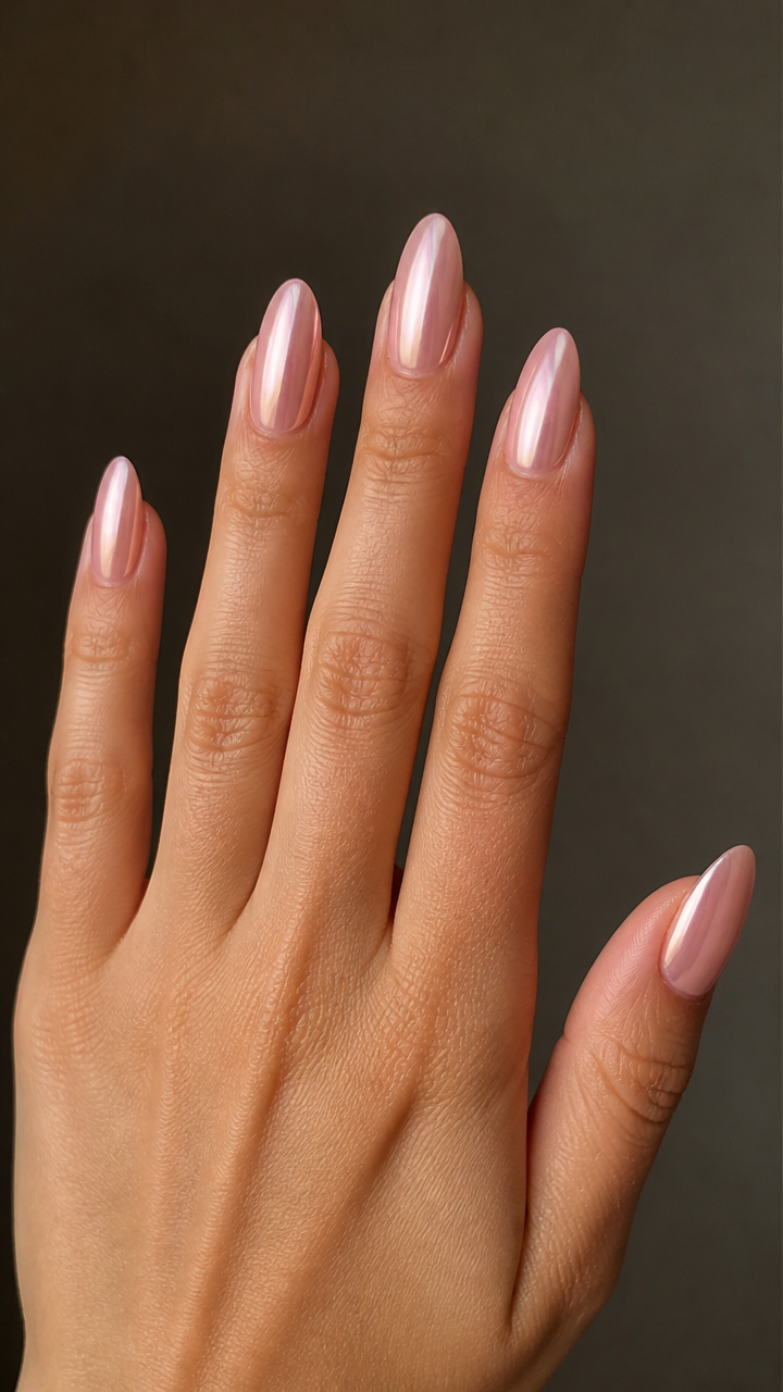 Blush Pink Chrome Almond Nails