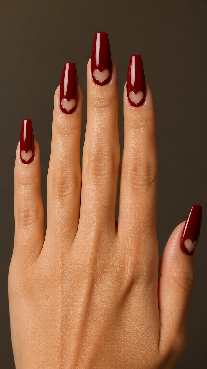 Crimson Red Coffin Nails with Heart Cutouts