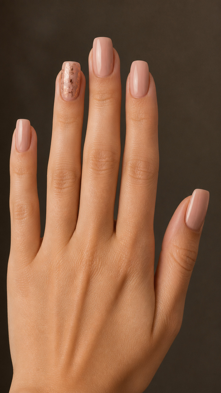 Rose Gold Foil Accent on Nude Square Tips