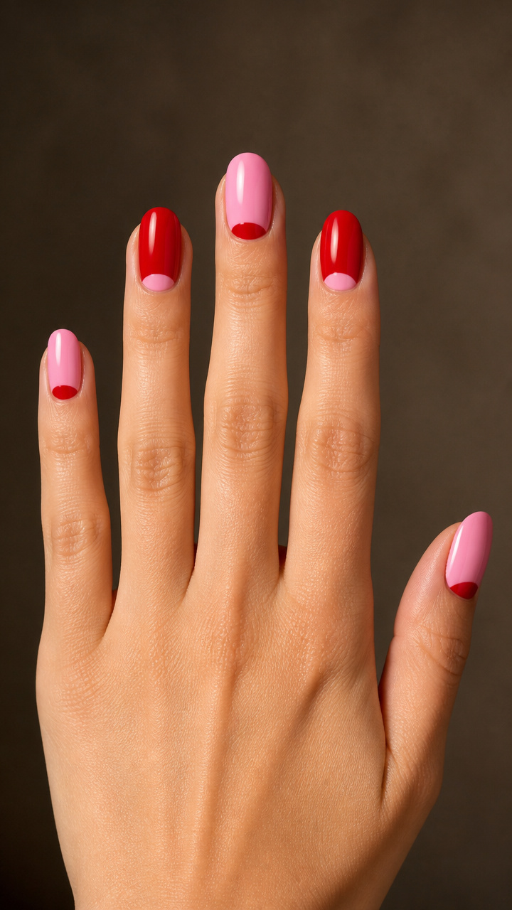 Two-Tone Love: Pink and Red Half-Moon Manicure
