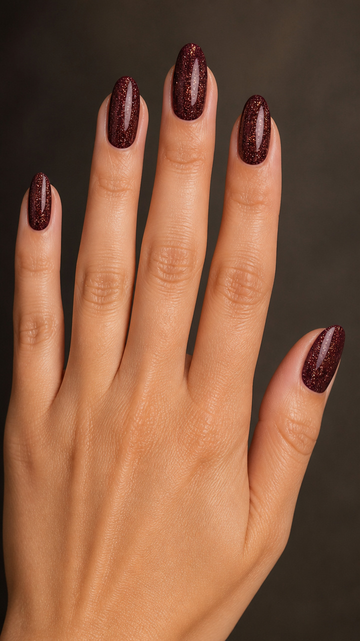 Deep Wine Nails with Gold Micro Glitter