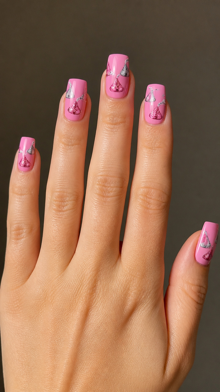 Candy Pink Nails with Chocolate Kiss Decals