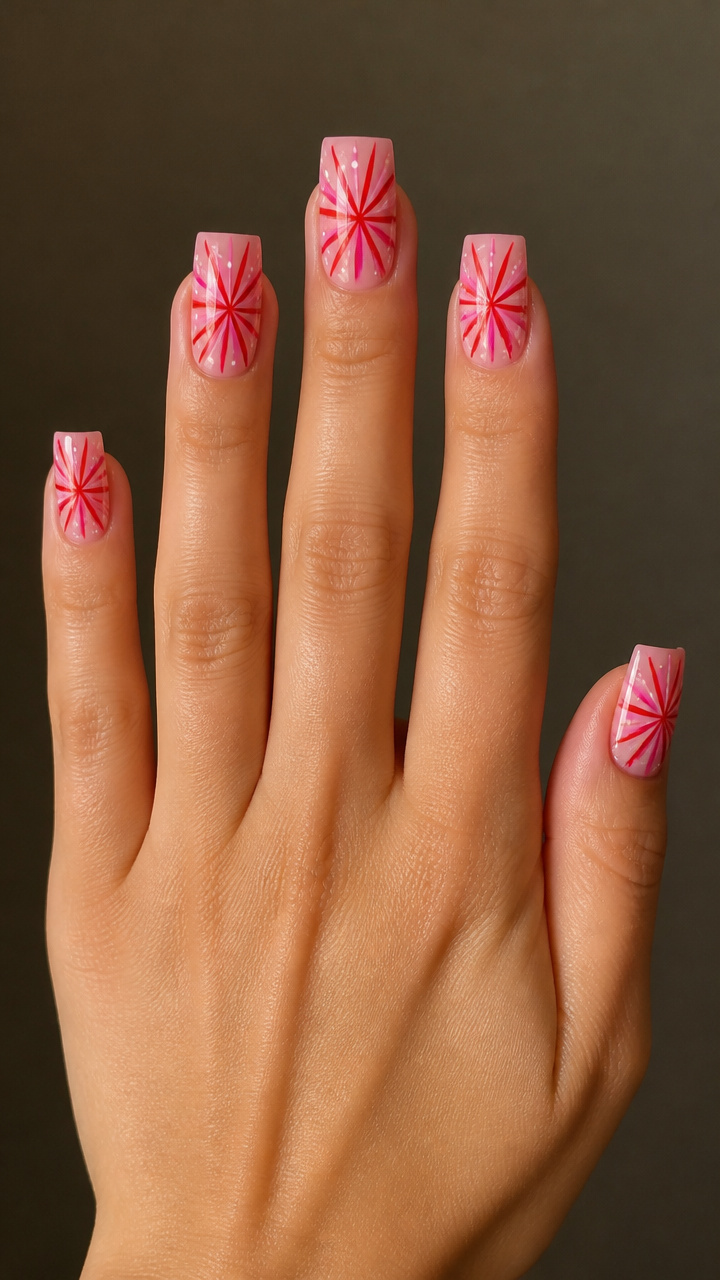 Red and Pink Starburst Design on Square Tips