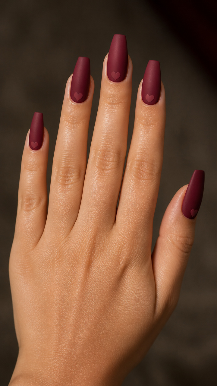Matte Berry Coffin Nails with Tiny Hearts