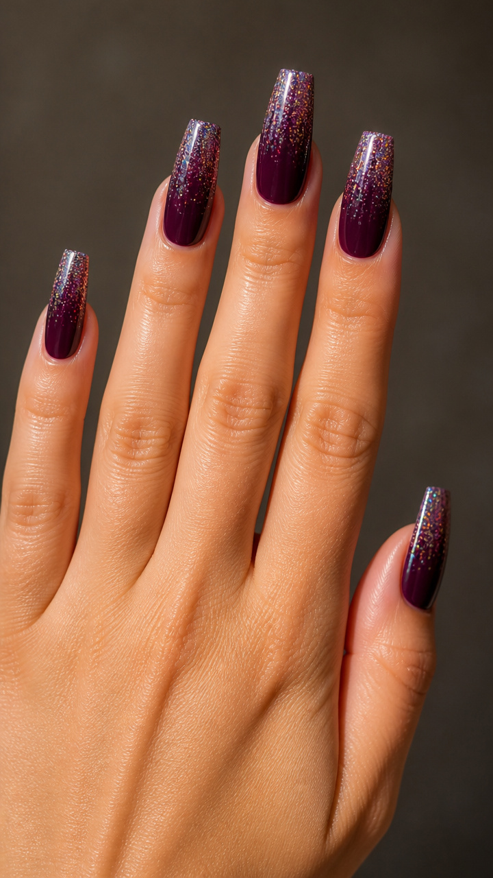 Glitter Gradient on Deep Plum Coffin Nails