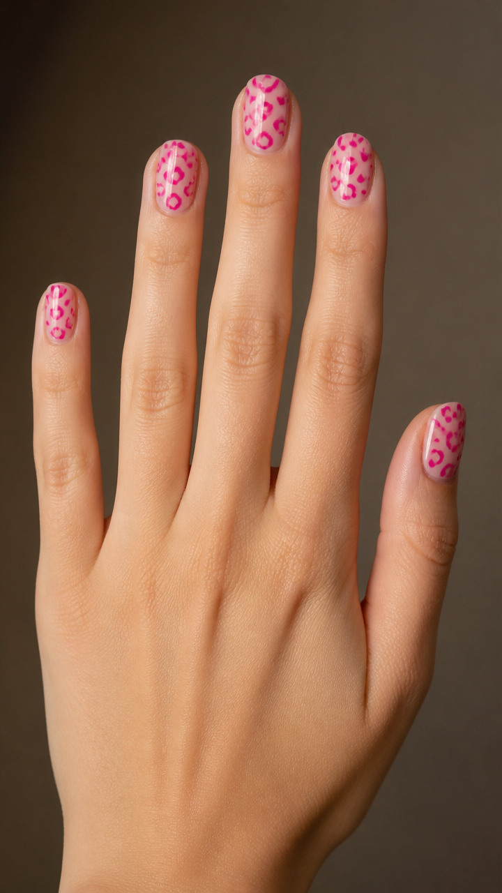 Pink Leopard Print on Round Natural Nails