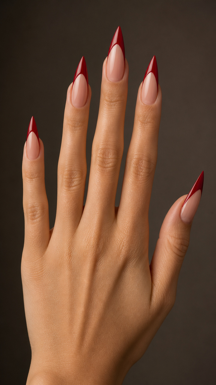 Crimson Red Stiletto French Tips