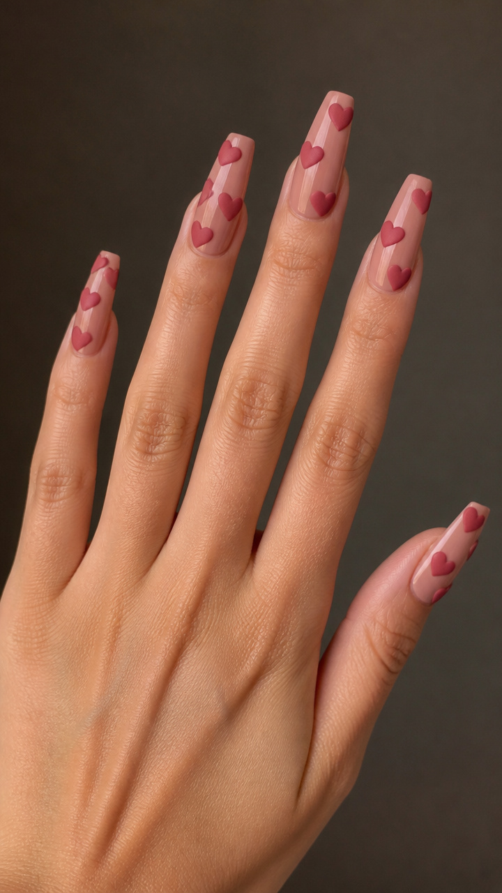 Matte Berry Hearts on Nude Coffin Base