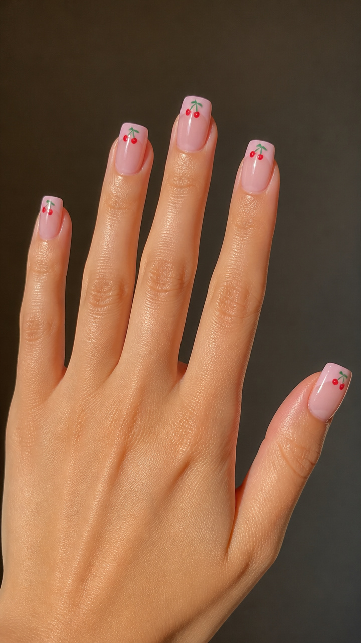 Cherry Print on Sheer Pink Tips