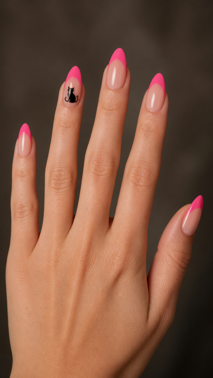 Hot Pink Tips with Black Cat Silhouette