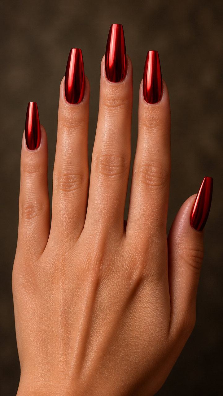 Crimson Chrome Coffin Nails