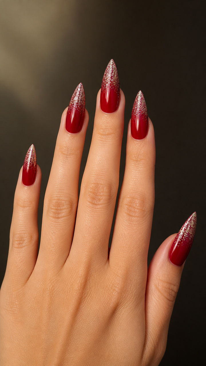 Cherry Red Stiletto Tips with Glitter Fade