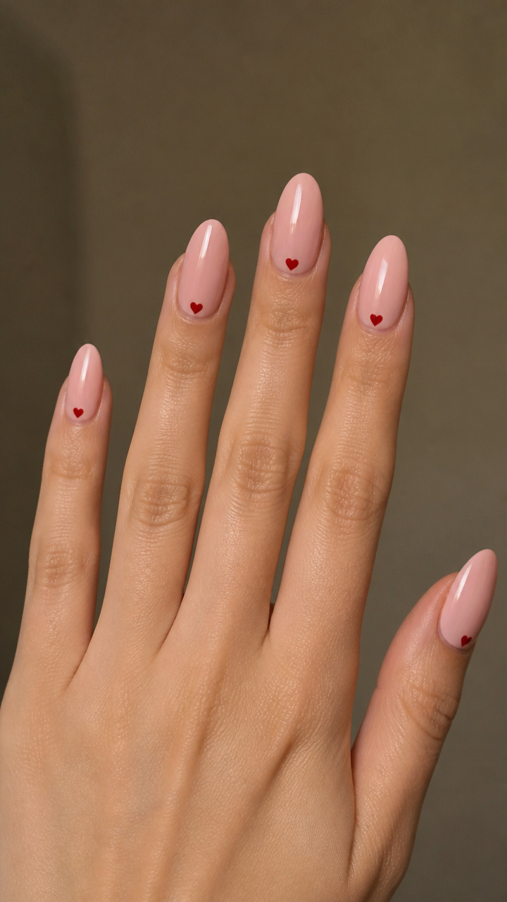 Blush Pink Almond Nails with Tiny Red Hearts