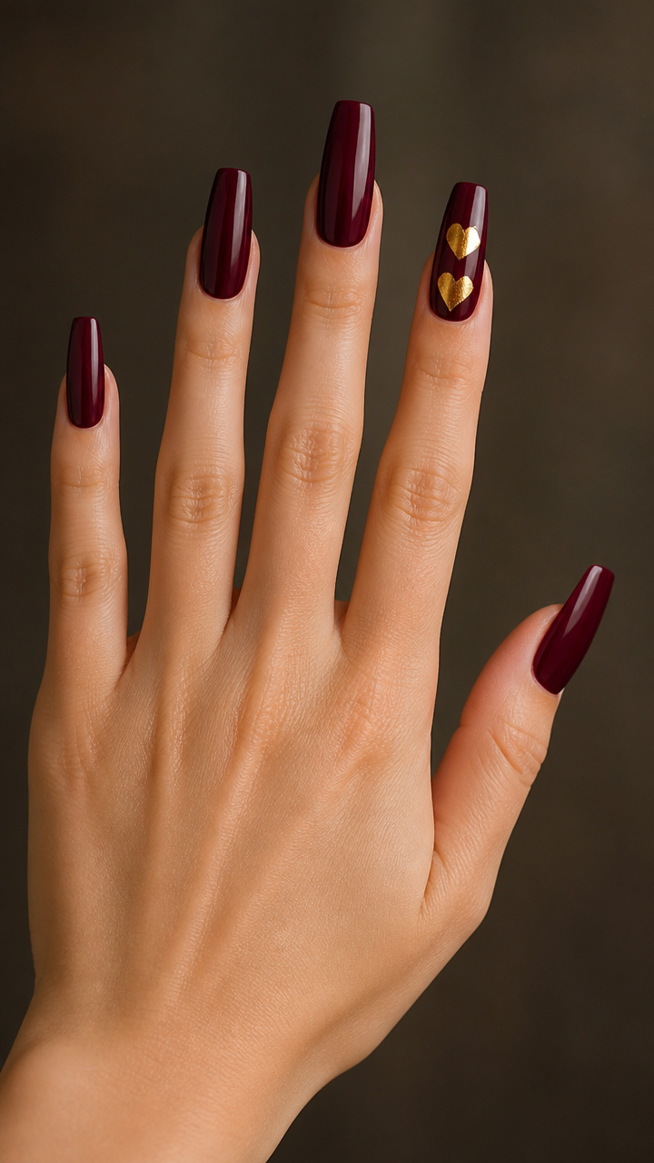 Deep Burgundy Coffin Nails with Gold Heart Accents