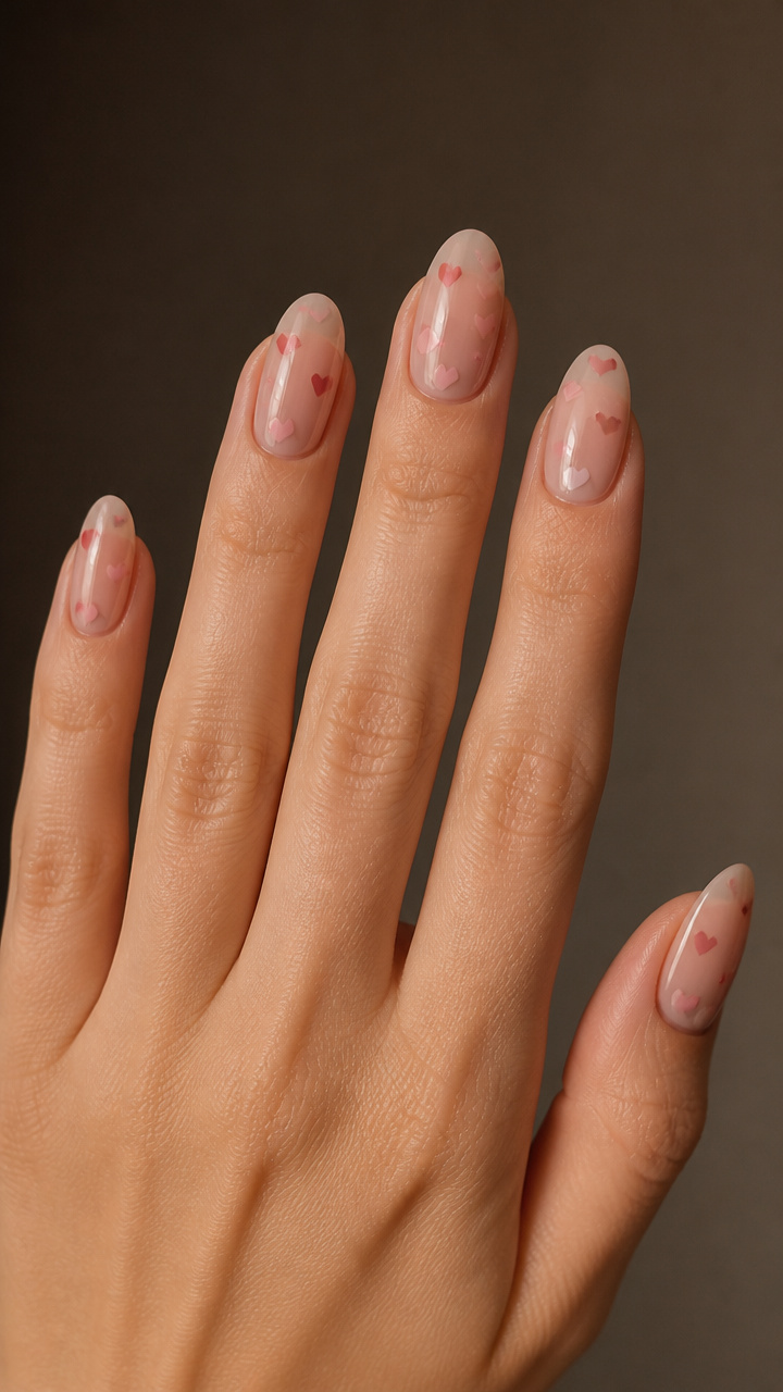 Sheer Nude Nails with Floating Heart Decals