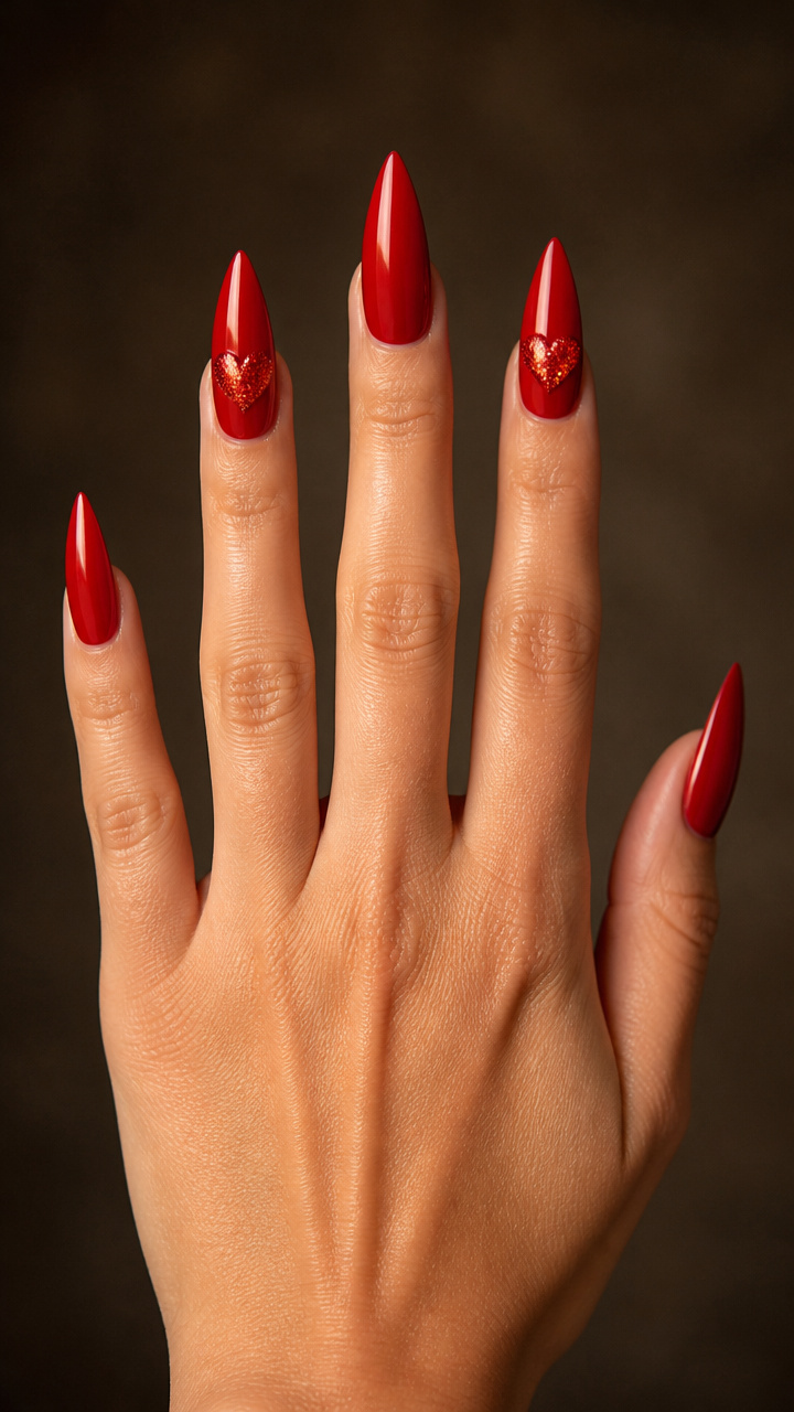 Candy Apple Red Stiletto Nails with Glitter Hearts