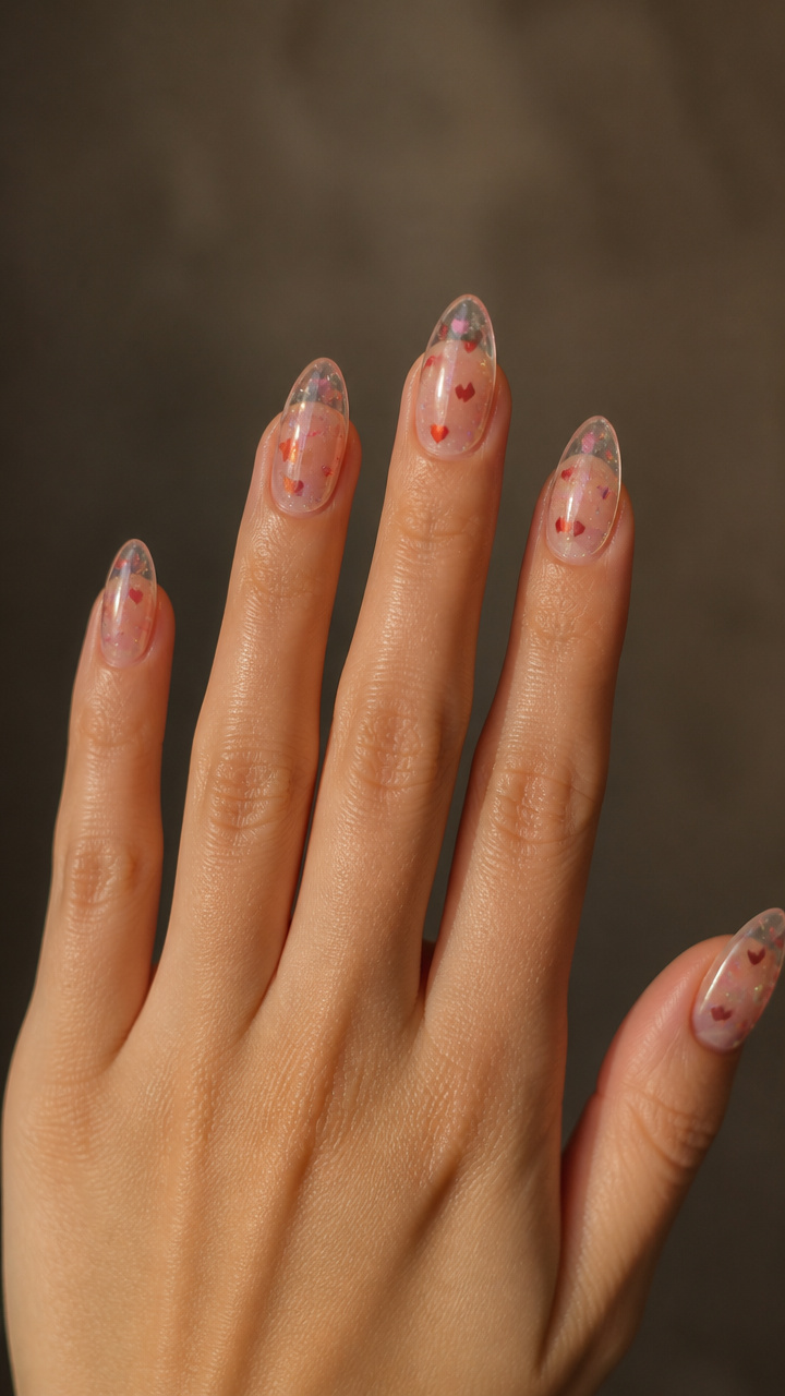 Clear Glass-Like Nails with Suspended Heart Glitters