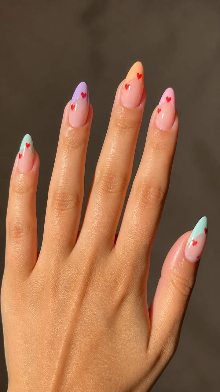Pastel Ombré Tips with Delicate Hand-Painted Hearts