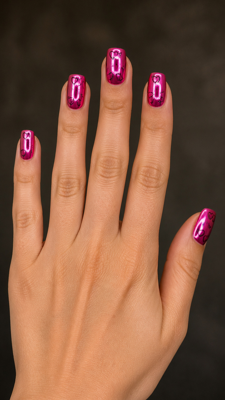Hot Pink Chrome Nails with Tiny Black Outline Hearts