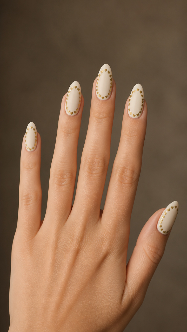 Ivory Matte Nails with Gold Heart Border