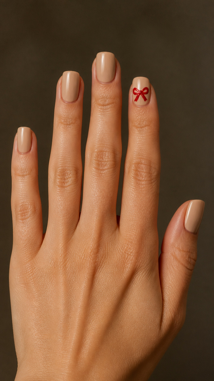Nude Beige with Single Red Bow Accent