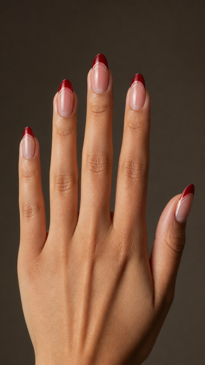 Cherry Red Tips with Clear French Smile Lines